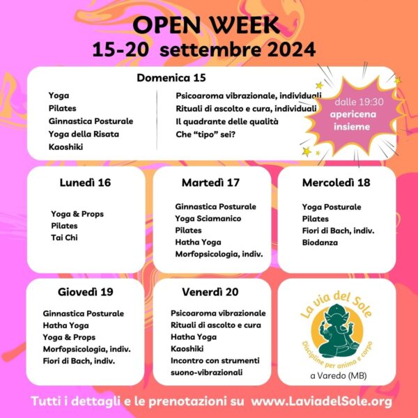 Programma Open Week La via del sole 15-20 settembre 2024